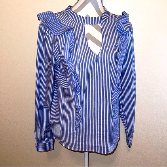 Mossimo Supply Co. Tops - Mossimo Blue & White Striped Ruffle Keyhole Cotton Shirt Medium